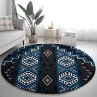 New Zealand Aotearoa Round Carpet Blue Poutama With Taniko Pattern LT05