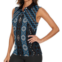 New Zealand Aotearoa Women Sleeveless Polo Shirt Blue Poutama With Taniko Pattern LT05