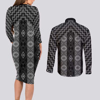 New Zealand Aotearoa Couples Matching Long Sleeve Bodycon Dress and Long Sleeve Button Shirt Black Poutama With Taniko Pattern LT05