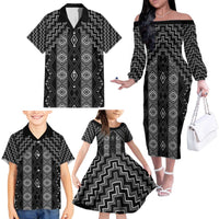 New Zealand Aotearoa Family Matching Off The Shoulder Long Sleeve Dress and Hawaiian Shirt Black Poutama With Taniko Pattern LT05