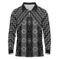 New Zealand Aotearoa Long Sleeve Polo Shirt Black Poutama With Taniko Pattern LT05