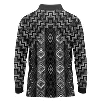 New Zealand Aotearoa Long Sleeve Polo Shirt Black Poutama With Taniko Pattern LT05