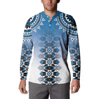 New Zealand Button Sweatshirt Poutama Mix Blue Taniko Inspired Art LT05