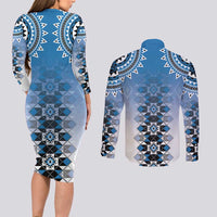 New Zealand Couples Matching Long Sleeve Bodycon Dress and Long Sleeve Button Shirt Poutama Mix Blue Taniko Inspired Art LT05