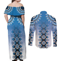 New Zealand Couples Matching Off Shoulder Maxi Dress and Long Sleeve Button Shirt Poutama Mix Blue Taniko Inspired Art LT05