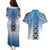 New Zealand Couples Matching Puletasi and Hawaiian Shirt Poutama Mix Blue Taniko Inspired Art LT05