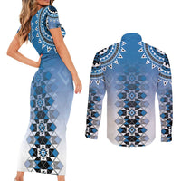 New Zealand Couples Matching Short Sleeve Bodycon Dress and Long Sleeve Button Shirt Poutama Mix Blue Taniko Inspired Art LT05