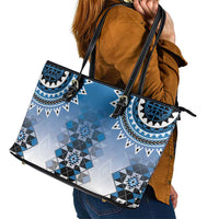 New Zealand Leather Tote Bag Poutama Mix Blue Taniko Inspired Art LT05