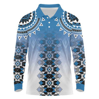 New Zealand Long Sleeve Polo Shirt Poutama Mix Blue Taniko Inspired Art LT05