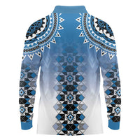 New Zealand Long Sleeve Polo Shirt Poutama Mix Blue Taniko Inspired Art LT05