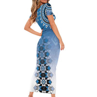 New Zealand Short Sleeve Bodycon Dress Poutama Mix Blue Taniko Inspired Art LT05