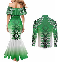 New Zealand Couples Matching Mermaid Dress and Long Sleeve Button Shirt Poutama Mix Green Taniko Inspired Art LT05