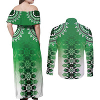 New Zealand Couples Matching Off Shoulder Maxi Dress and Long Sleeve Button Shirt Poutama Mix Green Taniko Inspired Art LT05