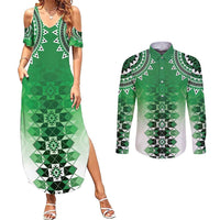 New Zealand Couples Matching Summer Maxi Dress and Long Sleeve Button Shirt Poutama Mix Green Taniko Inspired Art LT05