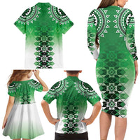 New Zealand Family Matching Long Sleeve Bodycon Dress and Hawaiian Shirt Poutama Mix Green Taniko Inspired Art LT05