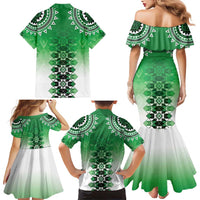 New Zealand Family Matching Mermaid Dress and Hawaiian Shirt Poutama Mix Green Taniko Inspired Art LT05