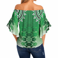 New Zealand Off Shoulder Wrap Waist Top Poutama Mix Green Taniko Inspired Art LT05 - Polynesian Pride