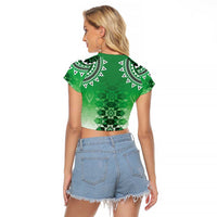 New Zealand Raglan Cropped T Shirt Poutama Mix Green Taniko Inspired Art LT05