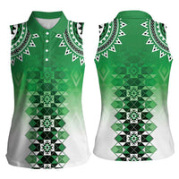 New Zealand Women Sleeveless Polo Shirt Poutama Mix Green Taniko Inspired Art LT05