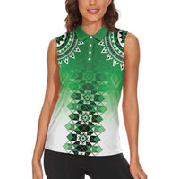 New Zealand Women Sleeveless Polo Shirt Poutama Mix Green Taniko Inspired Art LT05