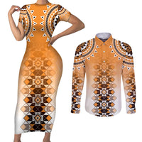 New Zealand Couples Matching Short Sleeve Bodycon Dress and Long Sleeve Button Shirt Poutama Mix Orange Taniko Inspired Art LT05