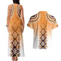 New Zealand Couples Matching Tank Maxi Dress and Hawaiian Shirt Poutama Mix Orange Taniko Inspired Art LT05