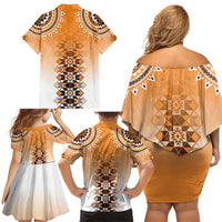 New Zealand Family Matching Off Shoulder Short Dress and Hawaiian Shirt Poutama Mix Orange Taniko Inspired Art LT05