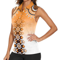 New Zealand Women Sleeveless Polo Shirt Poutama Mix Orange Taniko Inspired Art LT05