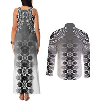 New Zealand Couples Matching Tank Maxi Dress and Long Sleeve Button Shirt Poutama Mix Gray Taniko Inspired Art LT05
