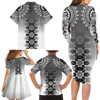 New Zealand Family Matching Long Sleeve Bodycon Dress and Hawaiian Shirt Poutama Mix Gray Taniko Inspired Art LT05