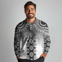 New Zealand Long Sleeve Polo Shirt Poutama Mix Gray Taniko Inspired Art LT05