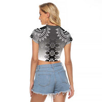 New Zealand Raglan Cropped T Shirt Poutama Mix Gray Taniko Inspired Art LT05