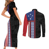 Samoa Flag Couples Matching Short Sleeve Bodycon Dress and Long Sleeve Button Shirt Ula Fala With Samoan Siapo - Polynesian Pride