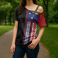 Samoa Flag Cross Shoulder Shirt Ula Fala With Samoan Siapo - Polynesian Pride