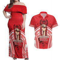 Custom Tonga Rugby Mate Ma'a Couples Matching Off Shoulder Maxi Dress and Hawaiian Shirt Tongan Pride Unique Style - Polynesian Pride