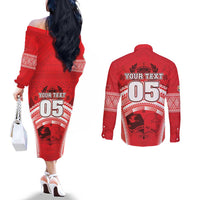 Custom Tonga Rugby Mate Ma'a Couples Matching Off The Shoulder Long Sleeve Dress and Long Sleeve Button Shirt Tongan Pride Unique Style - Polynesian Pride