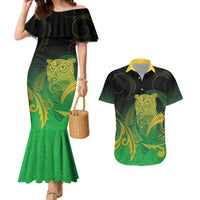 New Zealand Aotearoa Ruru Couples Matching Mermaid Dress and Hawaiian Shirt Maori Fern Art Green