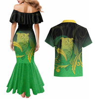 New Zealand Aotearoa Ruru Couples Matching Mermaid Dress and Hawaiian Shirt Maori Fern Art Green