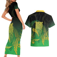 New Zealand Aotearoa Ruru Couples Matching Short Sleeve Bodycon Dress and Hawaiian Shirt Maori Fern Art Green