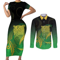New Zealand Aotearoa Ruru Couples Matching Short Sleeve Bodycon Dress and Long Sleeve Button Shirt Maori Fern Art Green