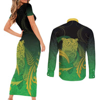 New Zealand Aotearoa Ruru Couples Matching Short Sleeve Bodycon Dress and Long Sleeve Button Shirt Maori Fern Art Green