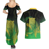 New Zealand Aotearoa Ruru Couples Matching Summer Maxi Dress and Hawaiian Shirt Maori Fern Art Green