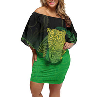 New Zealand Aotearoa Ruru Off Shoulder Short Dress Maori Fern Art Green