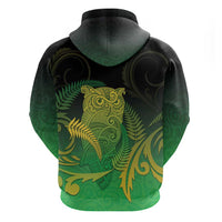 New Zealand Aotearoa Ruru Zip Hoodie Maori Fern Art Green
