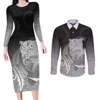 New Zealand Aotearoa Ruru Couples Matching Long Sleeve Bodycon Dress and Long Sleeve Button Shirt Maori Fern Art Black