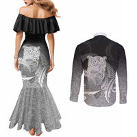 New Zealand Aotearoa Ruru Couples Matching Mermaid Dress and Long Sleeve Button Shirt Maori Fern Art Black