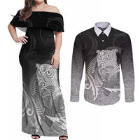 New Zealand Aotearoa Ruru Couples Matching Off Shoulder Maxi Dress and Long Sleeve Button Shirt Maori Fern Art Black