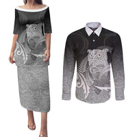 New Zealand Aotearoa Ruru Couples Matching Puletasi and Long Sleeve Button Shirt Maori Fern Art Black