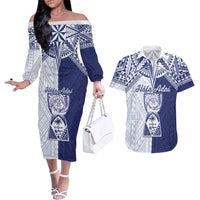Personalised Northern Mariana Islands And Guam Couples Matching Off The Shoulder Long Sleeve Dress and Hawaiian Shirt Latte Stone With Tribal Pattern