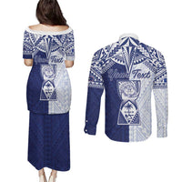 Personalised Northern Mariana Islands And Guam Couples Matching Puletasi and Long Sleeve Button Shirt Latte Stone With Tribal Pattern